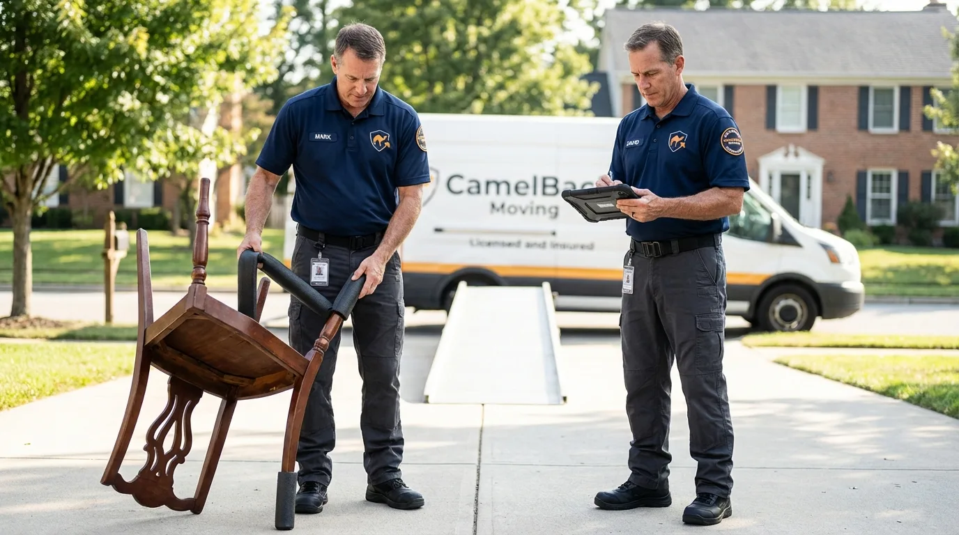Movers inspecting furniture for damage prevention before loading in Little River, SC