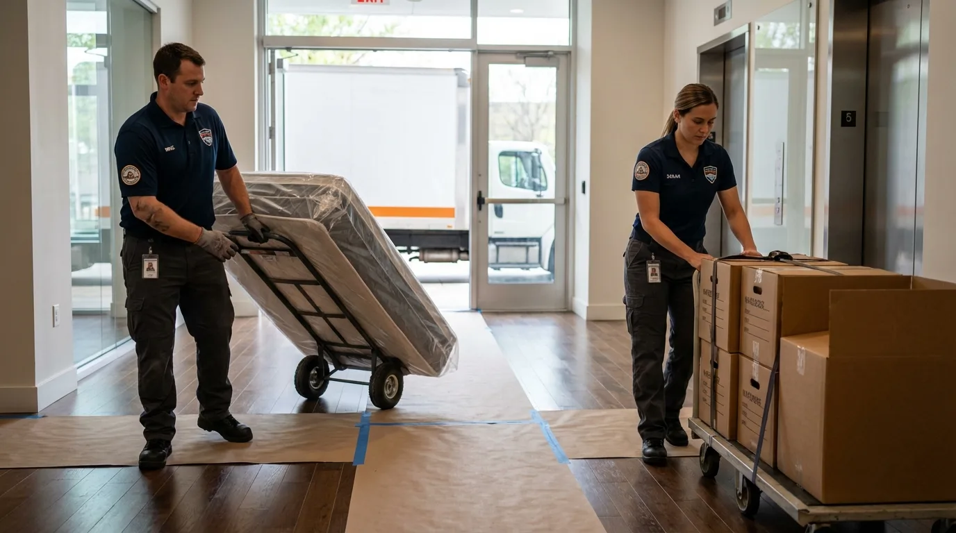 Professional apartment movers loading elevator in Little River, SC